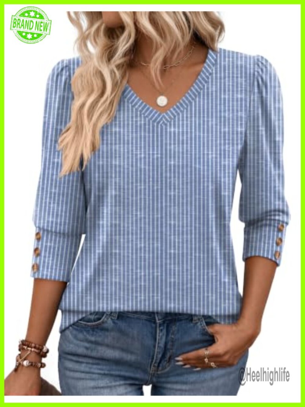 Womens 3/4 Sleeve V Neck Tunic Top Puff Sleeve Dressy Casual